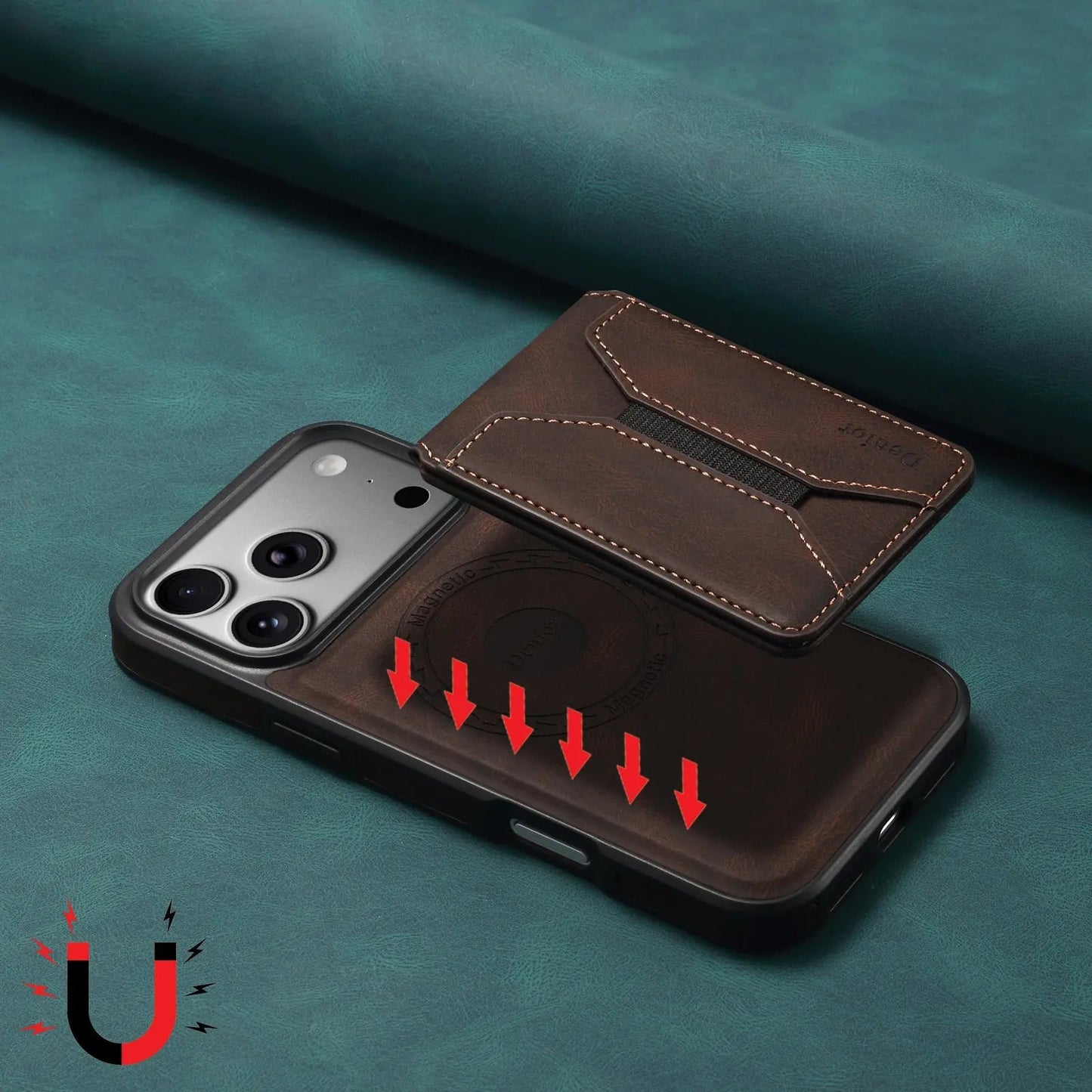 Leather Wallet iPhone Case  Magnetic Leather Card Holder Design (Brown)  | PE260072