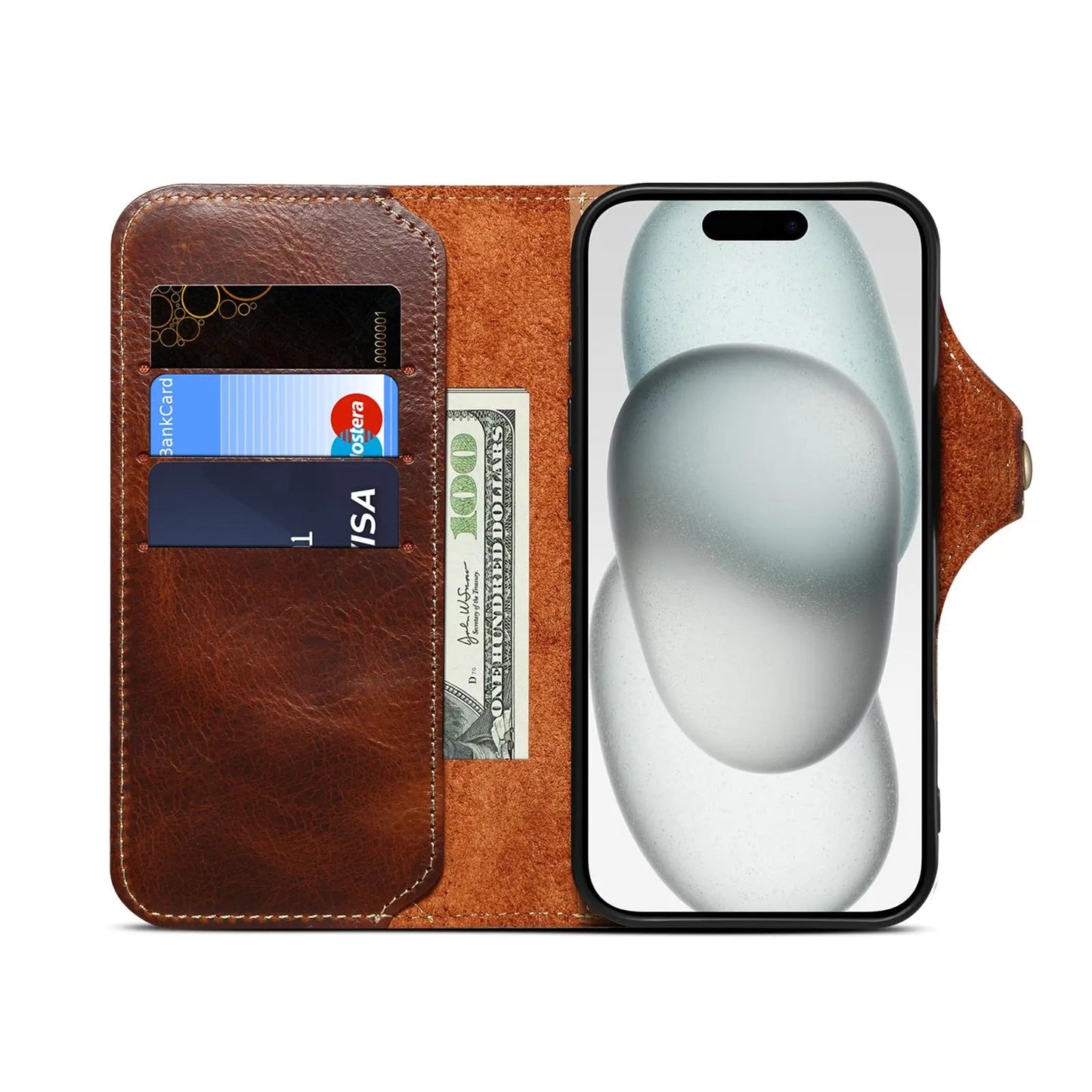 iPhone Case With Card Holder And Strap– Leather Flip Folio Protective Design (Brown)  | PE260053