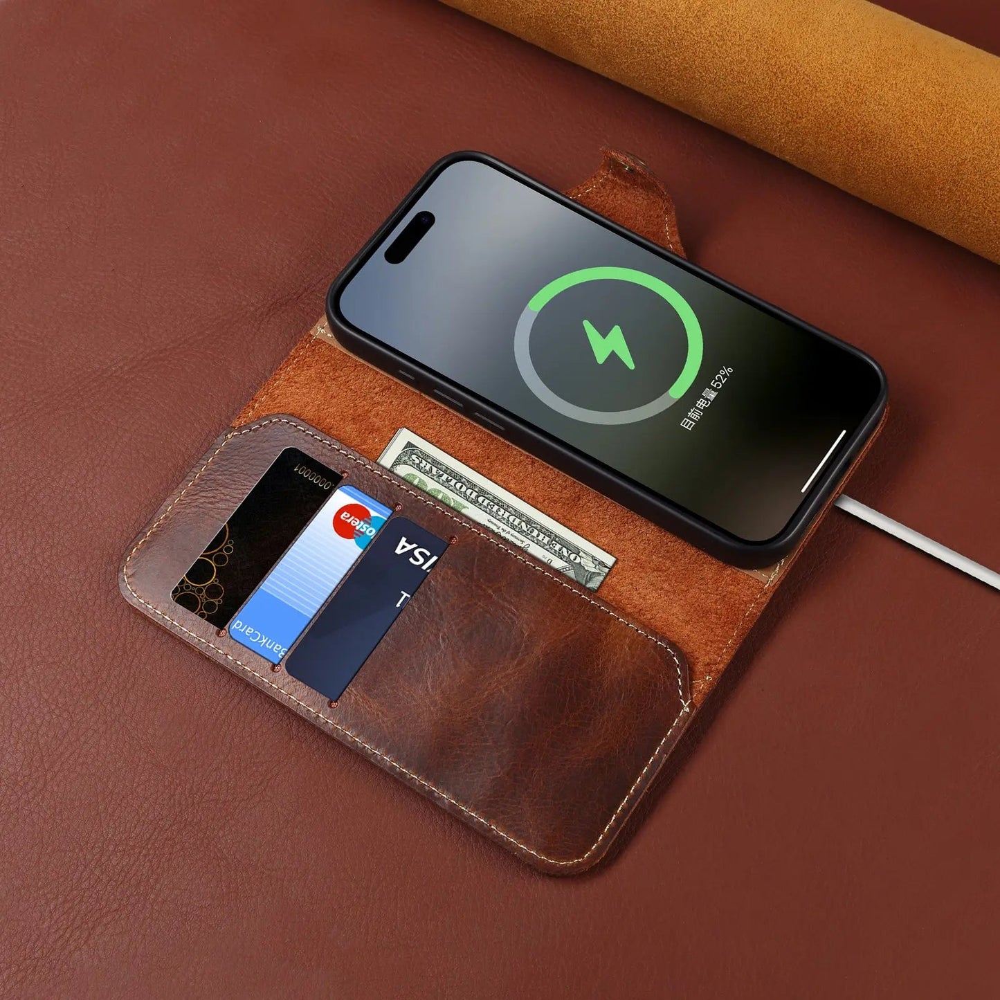 iPhone Case With Card Holder And Strap– Leather Flip Folio Protective Design (Brown)  | PE260053