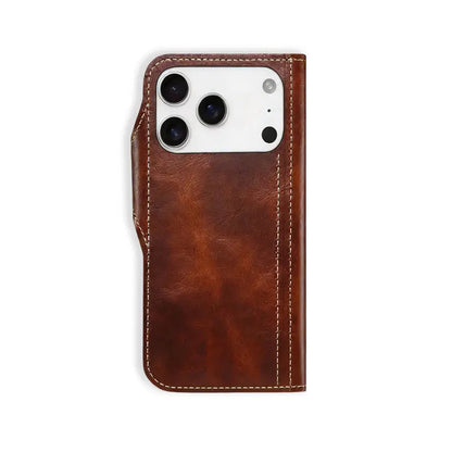 iPhone Case With Card Holder And Strap– Leather Flip Folio Protective Design (Brown)  | PE260053