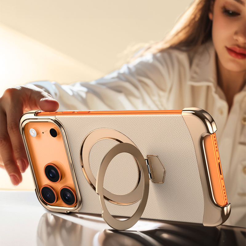 YUNKEY Magnetic Leather iPhone Case with Built-in Metal Stand