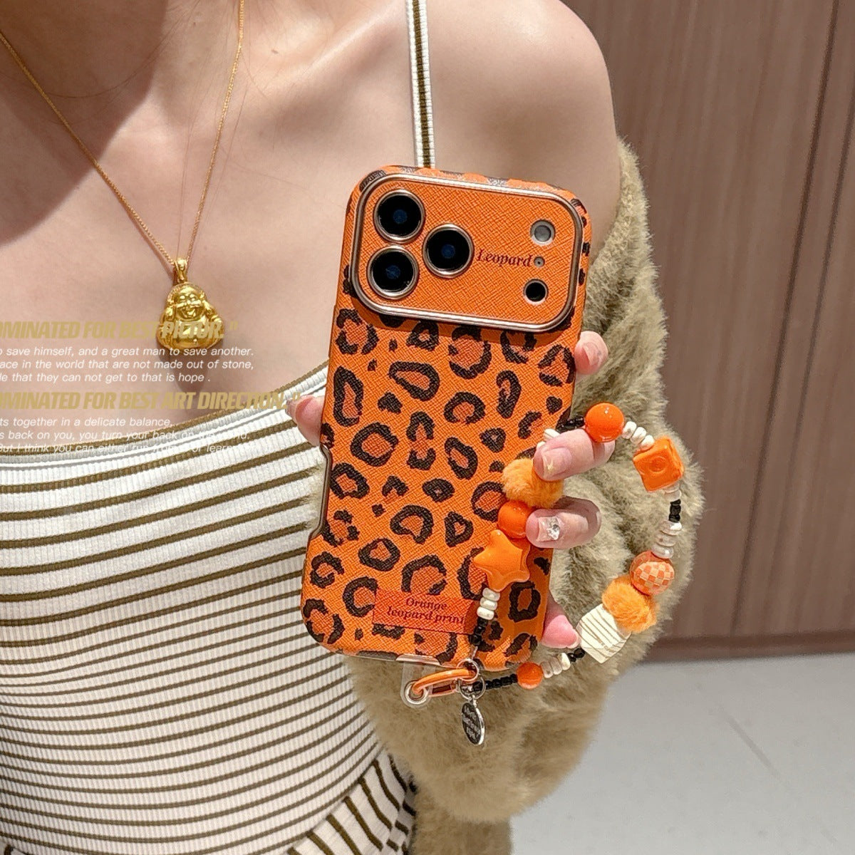 YUNKEY Lanyard Creative Orange-Background Leopard Print Case For iPhone
