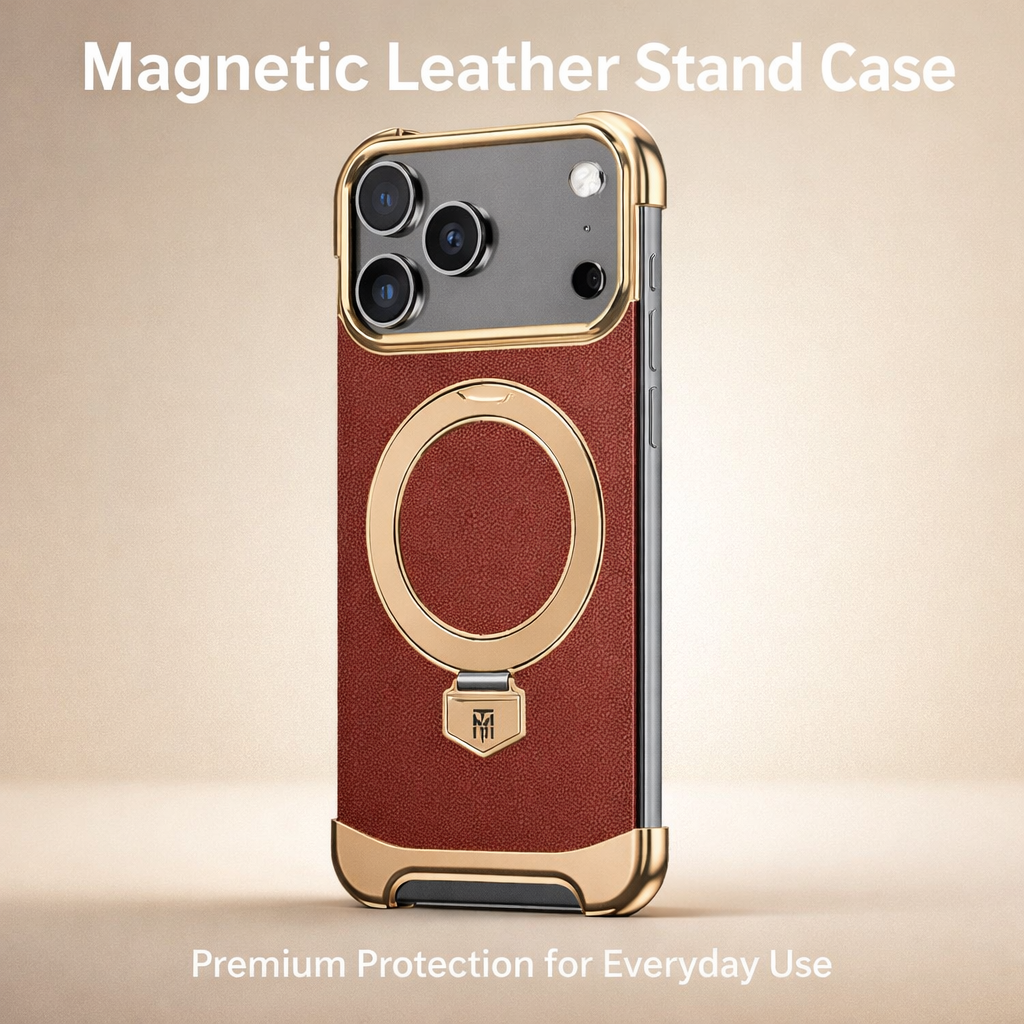 YUNKEY Magnetic Leather iPhone Case with Built-in Metal Stand